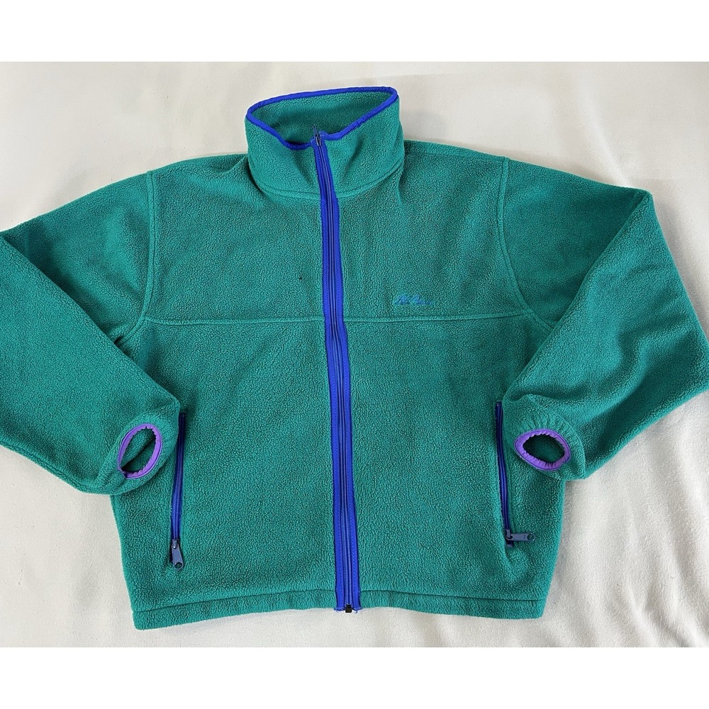 Rare Vintage‎ L.L. BEAN 2 Pocket Striped Full Zip Fleece Jacket 90s Green Blue